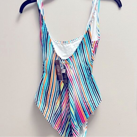 Vince Camuto Striped Women's High-Leg Cut-Out One-Piece Swimsuit swimwear 10 New - Picture 9 of 11